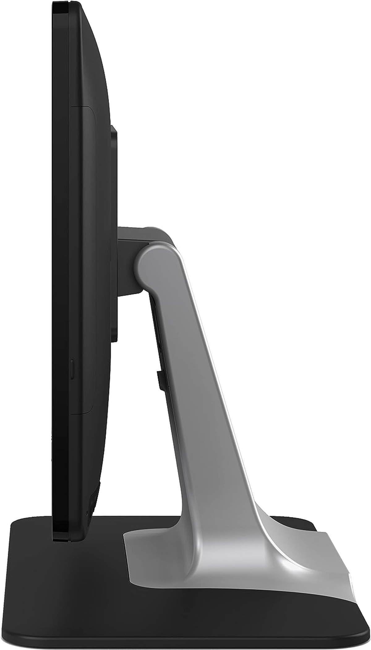 Seitenansicht eines schwarzen Computermonitors mit silbernem Ständer.