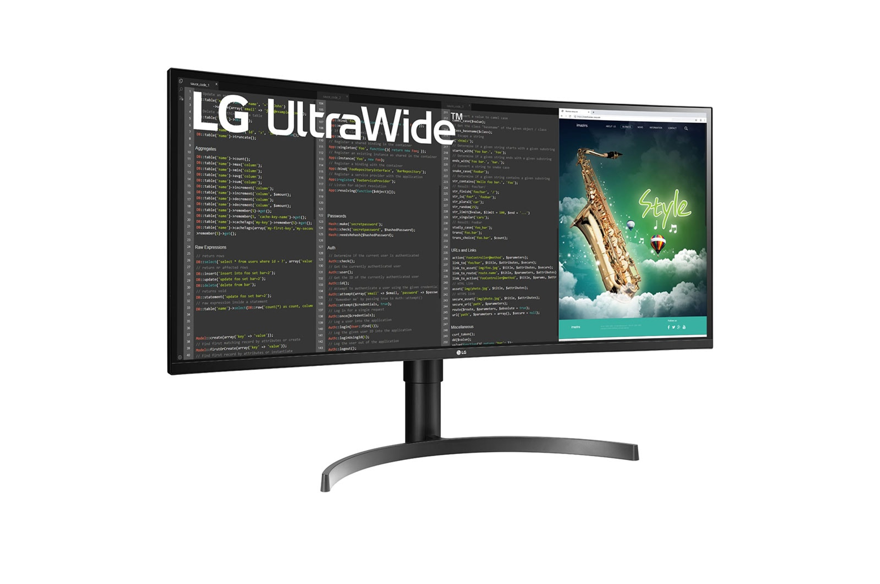 Zakrzywiony monitor LG UltraWide wyświetlający kod i stronę internetową.