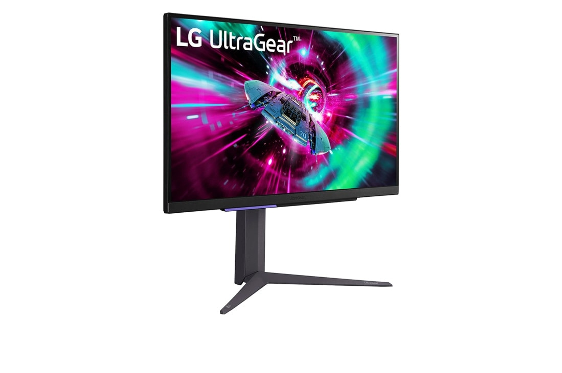 Monitor LG UltraGear wyświetlający grafikę o tematyce kosmicznej, z ciemną podstawą.