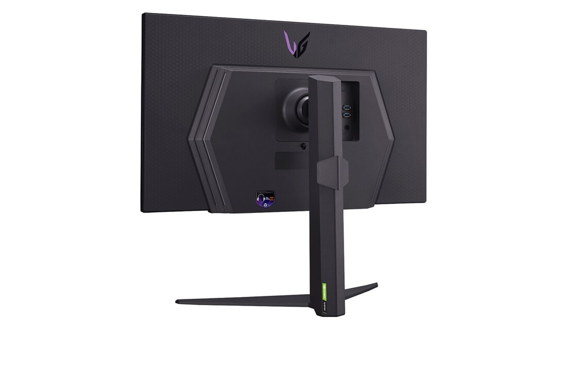 Tył czarnego monitora ze stojakiem. Posiada logo, porty i teksturowaną powierzchnię.