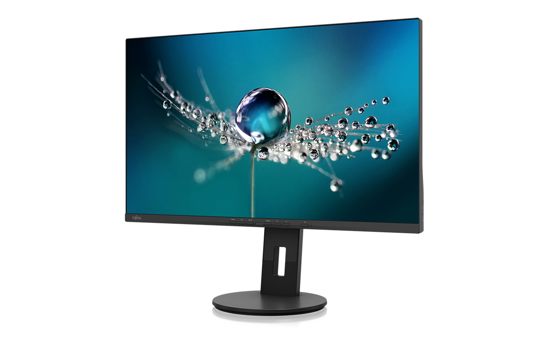 A black computer monitor with a black stand displaying a colorful image.