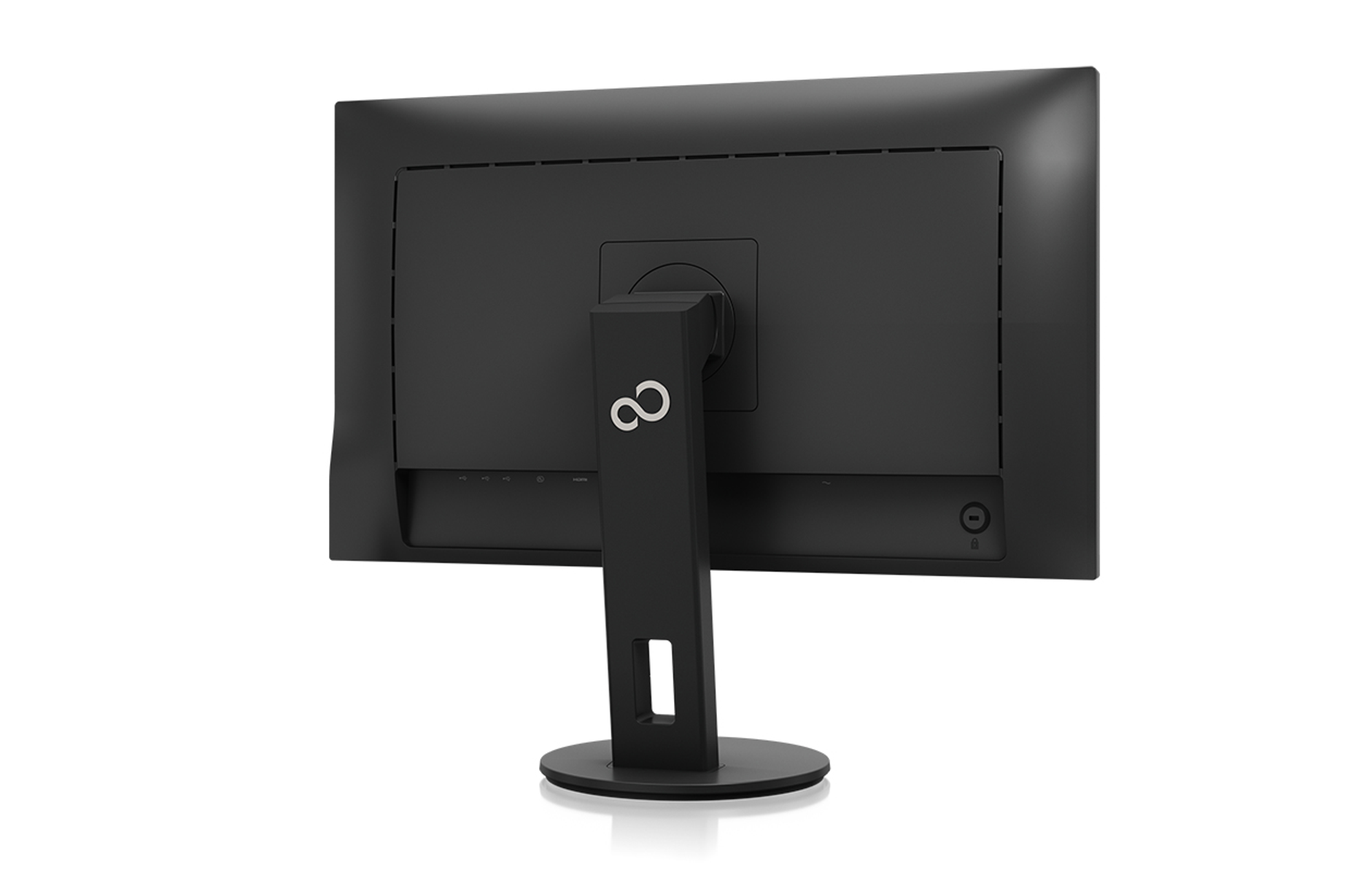 Back of a black computer monitor with a stand. The monitor has a logo.