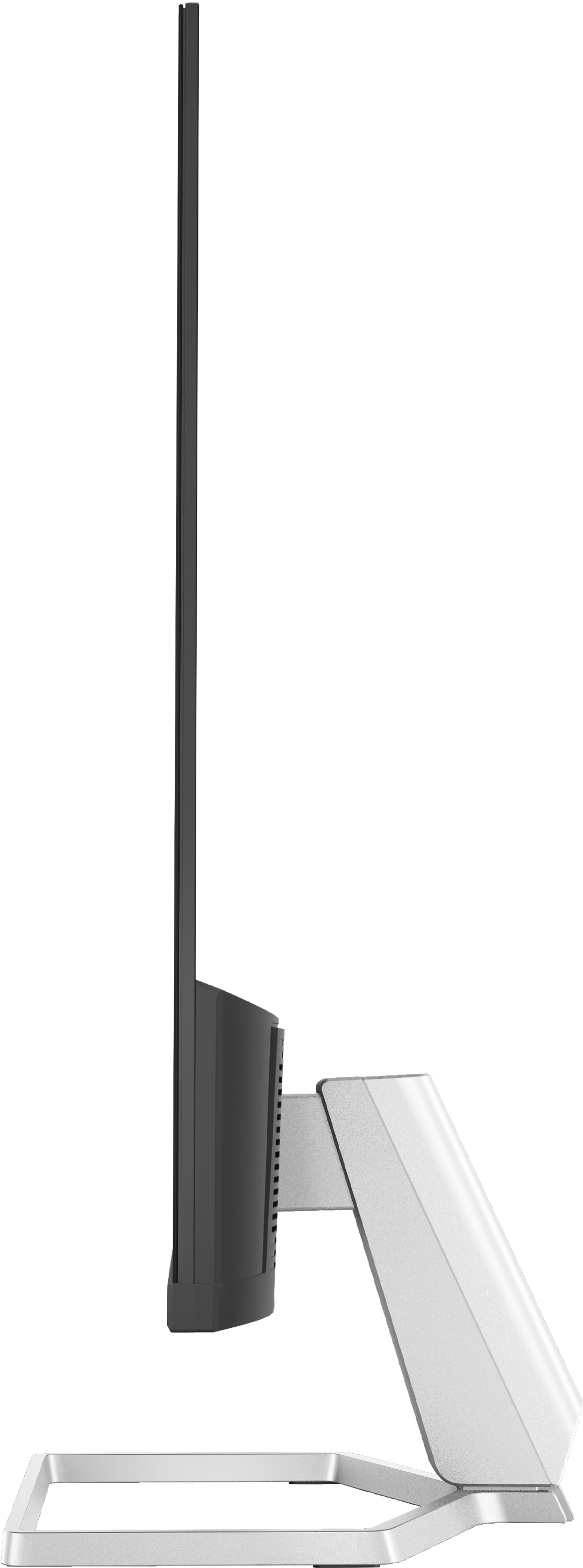 Vista laterale di un monitor nero. Ha un supporto argentato. Sfondo bianco.