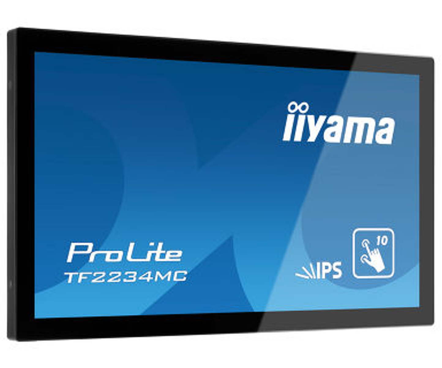Un monitor touchscreen nero Iiyama ProLite TF2234MC su sfondo bianco.