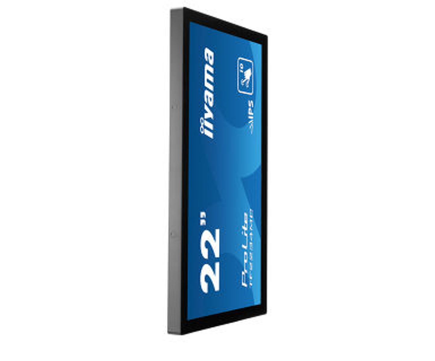 Schermo del computer verticale con cornice nera e display blu, testo.