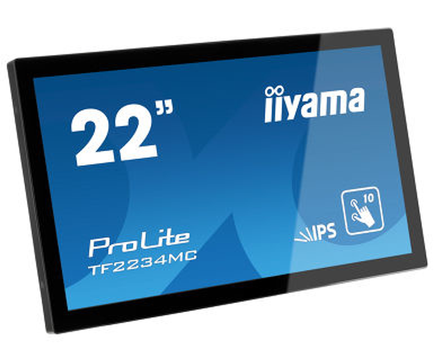 Monitor iiyama ProLite nero da 22 pollici con schermo blu e icona touchscreen.