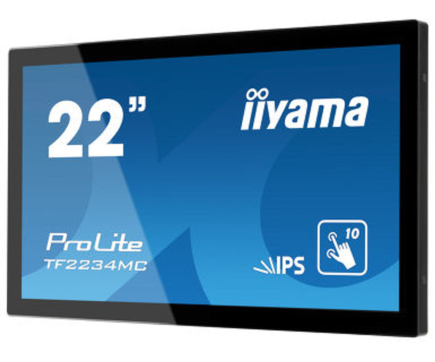 Un monitor iiyama nero con testo e un'icona touchscreen.