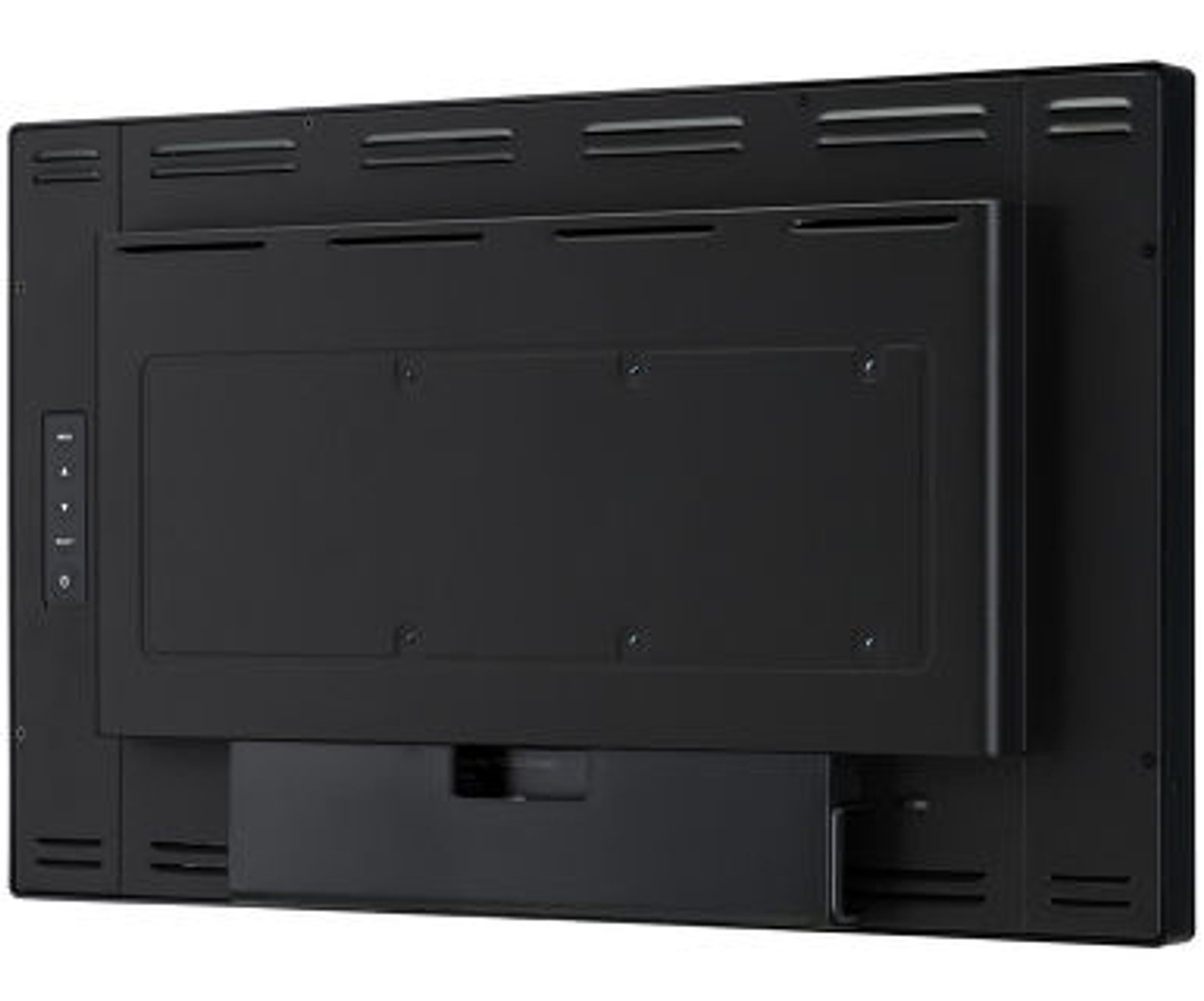 Retro di un monitor a schermo piatto nero. Con prese d'aria, un pannello grande e un supporto.