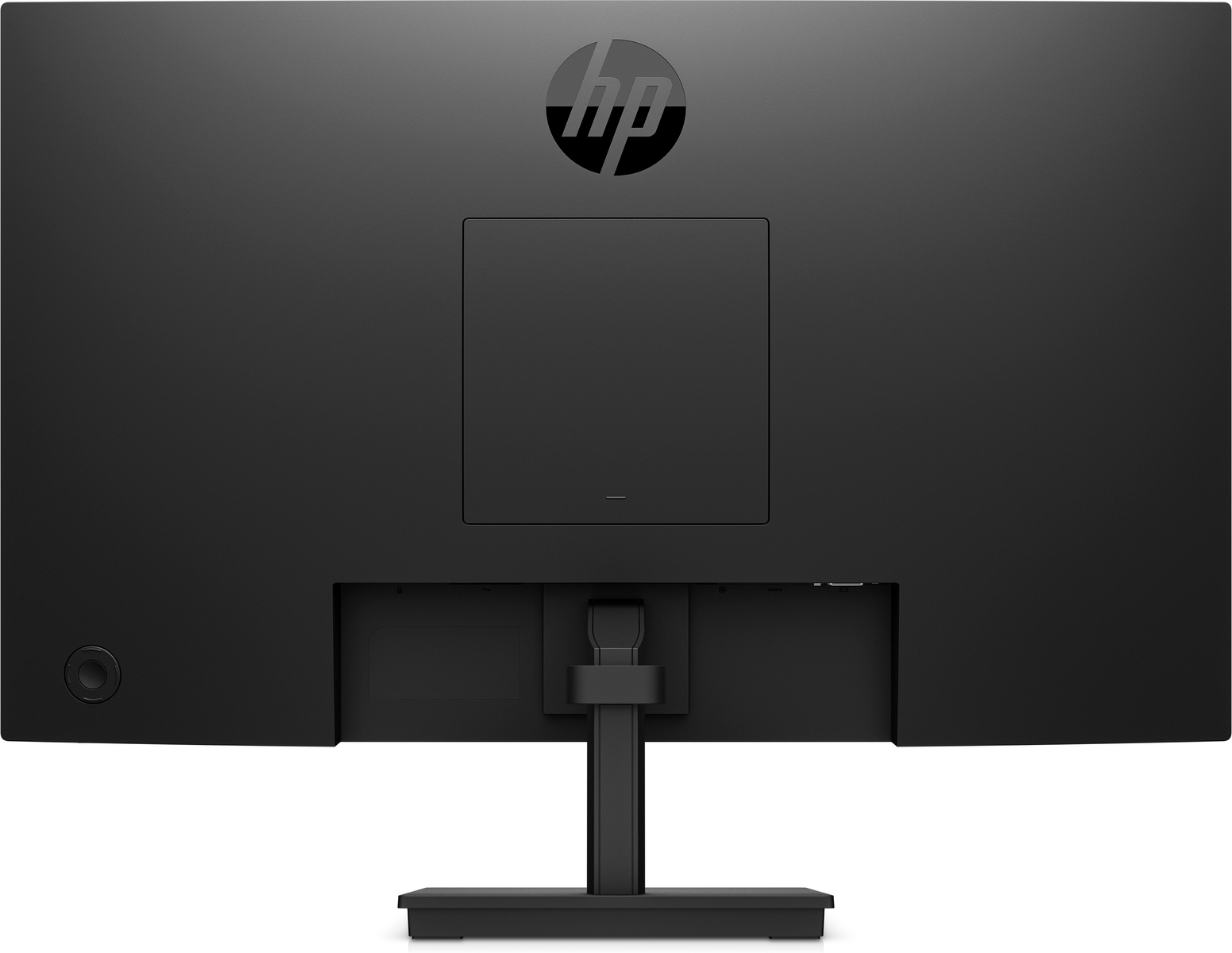 Rückseite eines schwarzen Monitors auf einem schwarzen Ständer. Das HP-Logo ist oben sichtbar.