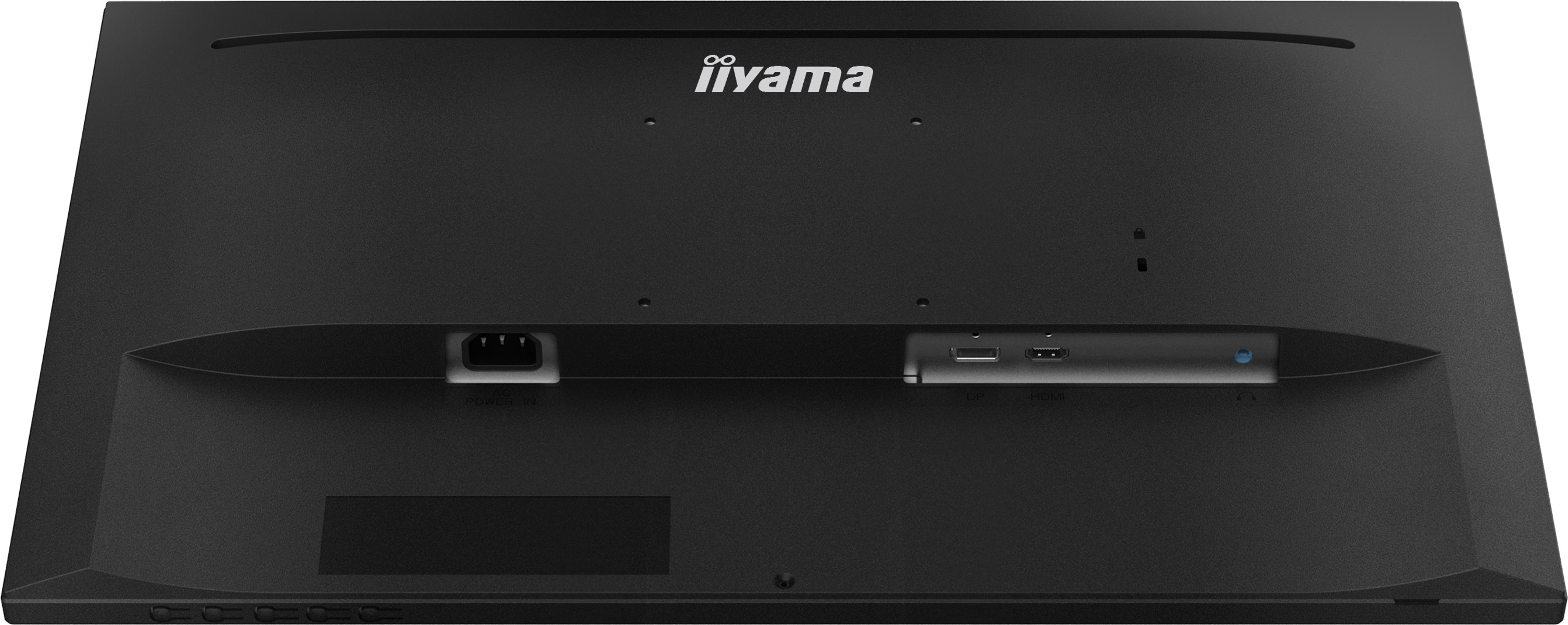 Vista trasera de un monitor Iiyama negro, mostrando puertos y conexiones.
