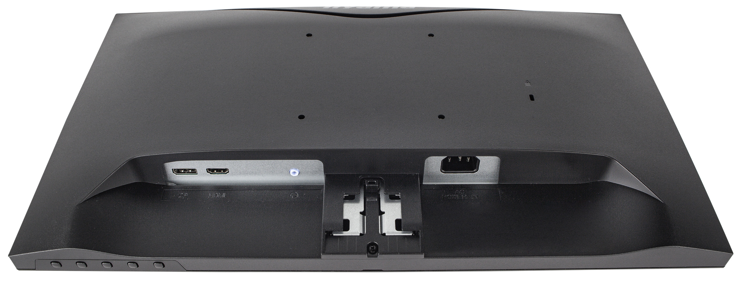 Parte trasera de un monitor negro con puertos HDMI y conexión de alimentación.