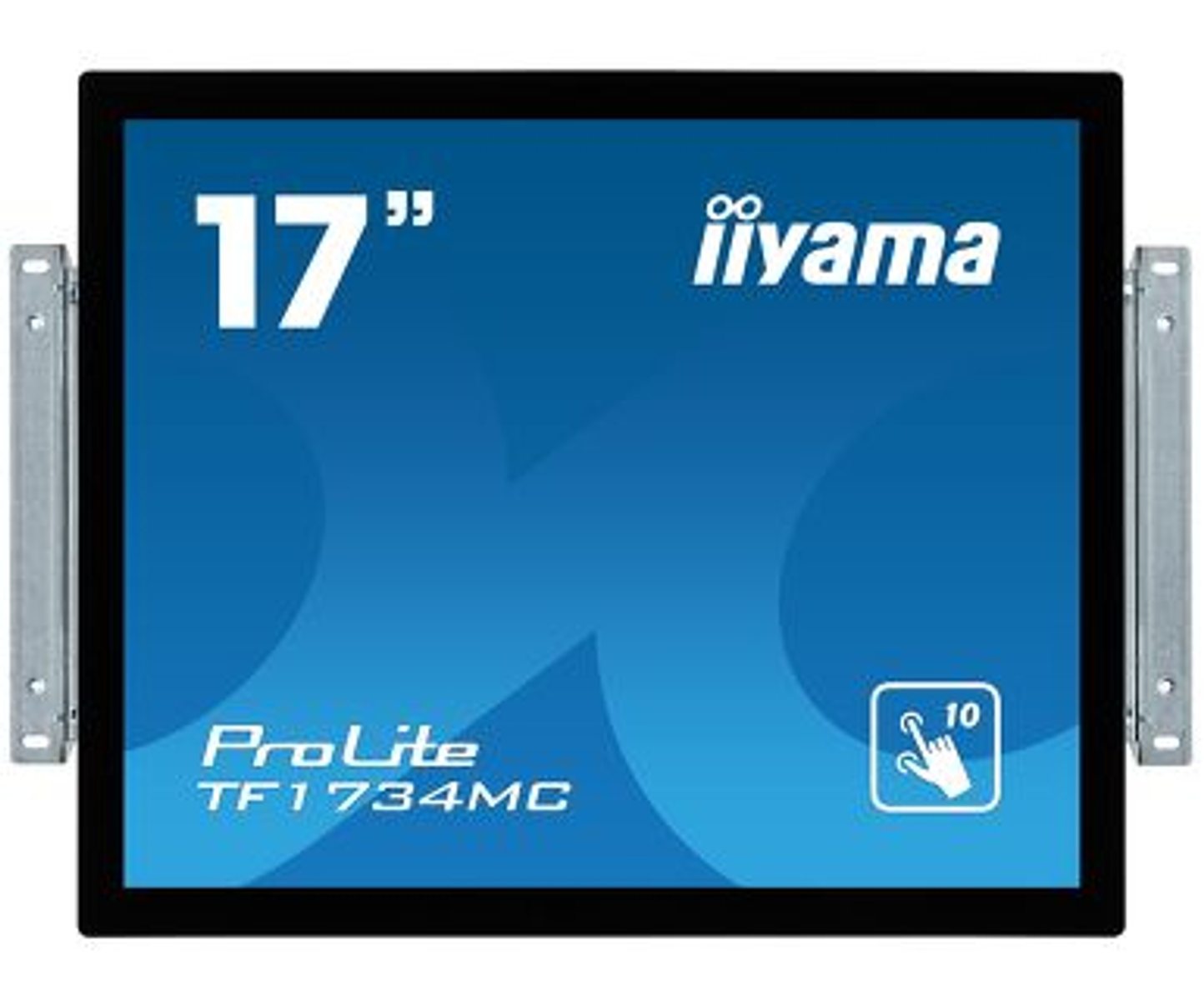 Monitor iiyama ProLite 17", cornice nera, staffe argento. Schermo blu, testo e icona mano.