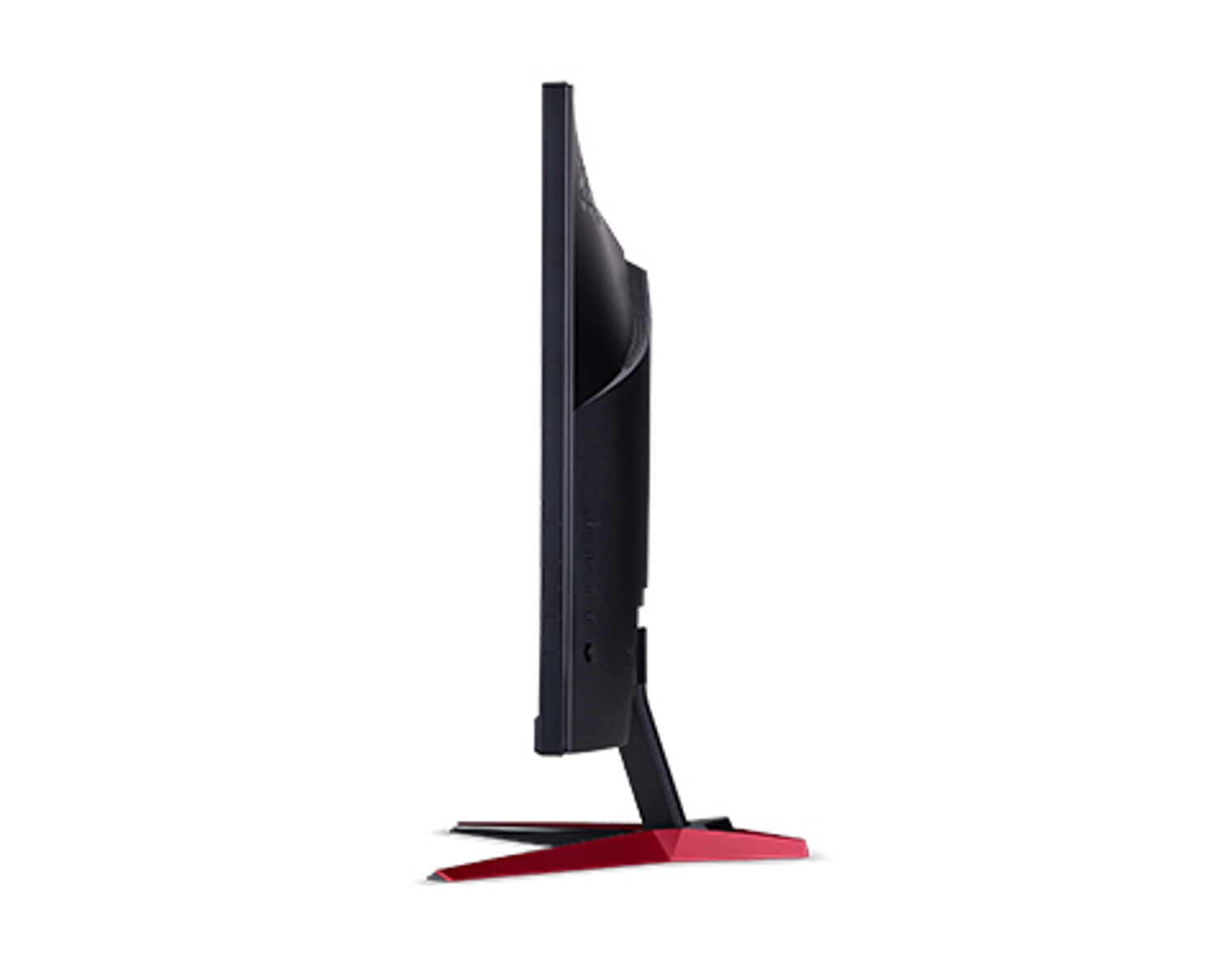 Vista laterale di un monitor nero con supporto rosso. Lo schermo è nero e la cornice è sottile.