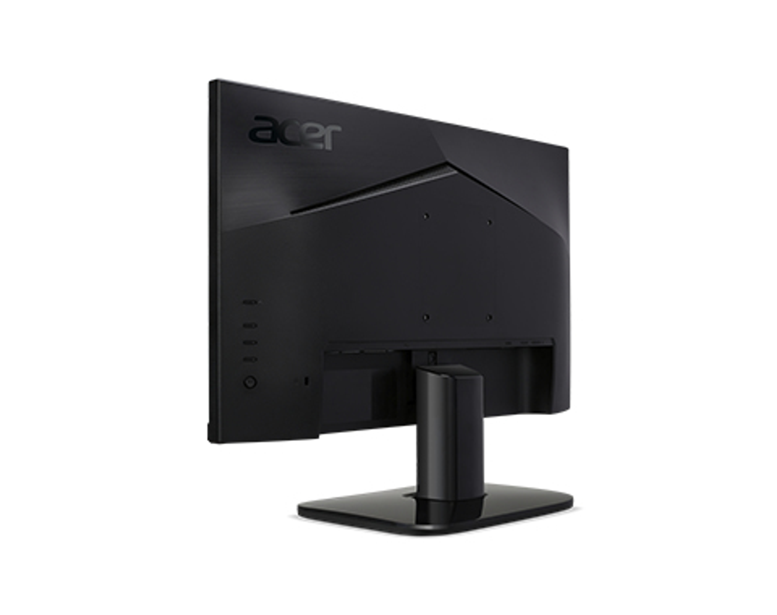 Black Acer monitor, back view. Display stand and Acer logo. White background. Slightly angled.