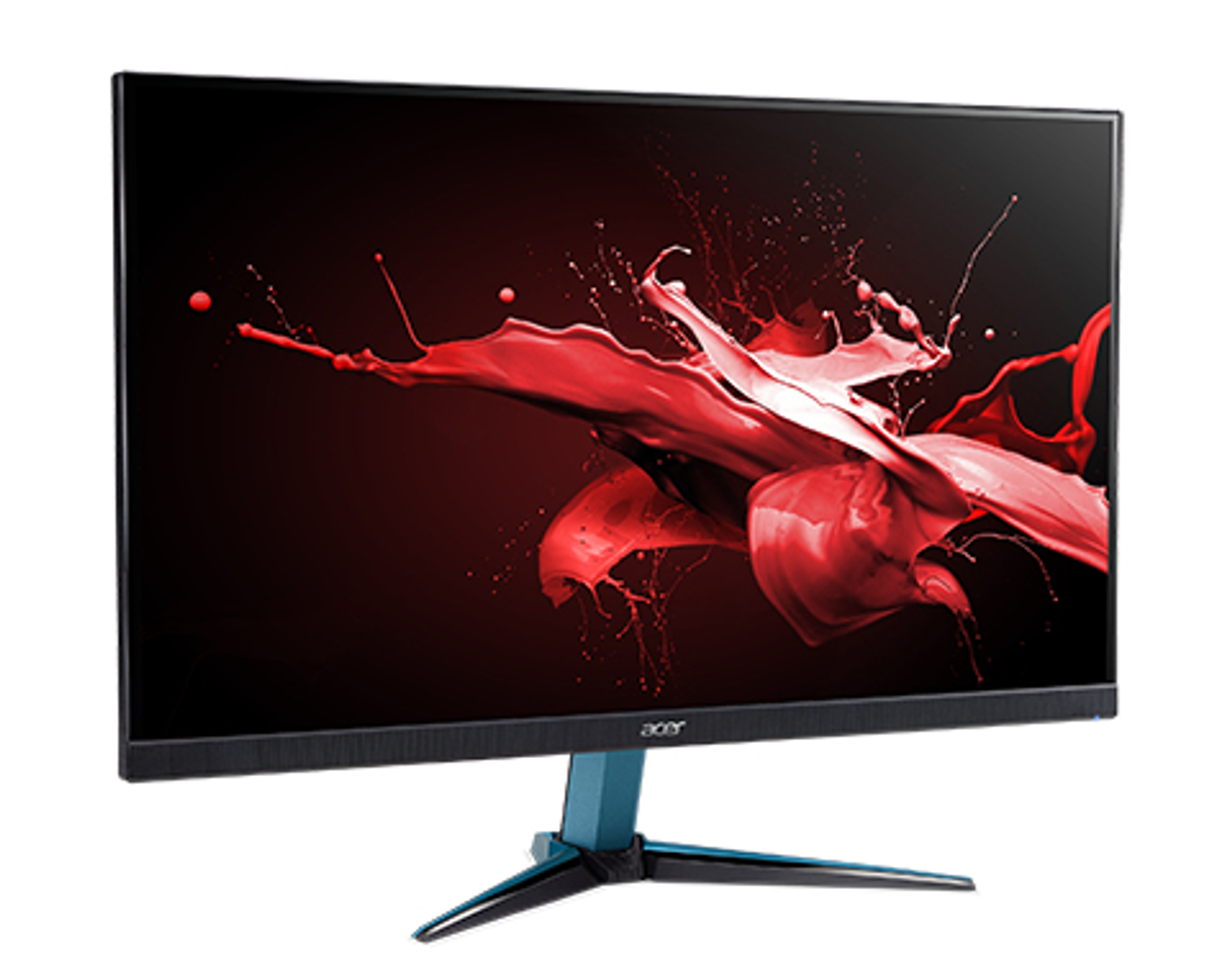 Gaming-Monitor mit rotem Spritzer auf schwarzem Hintergrund, blauer Ständer.