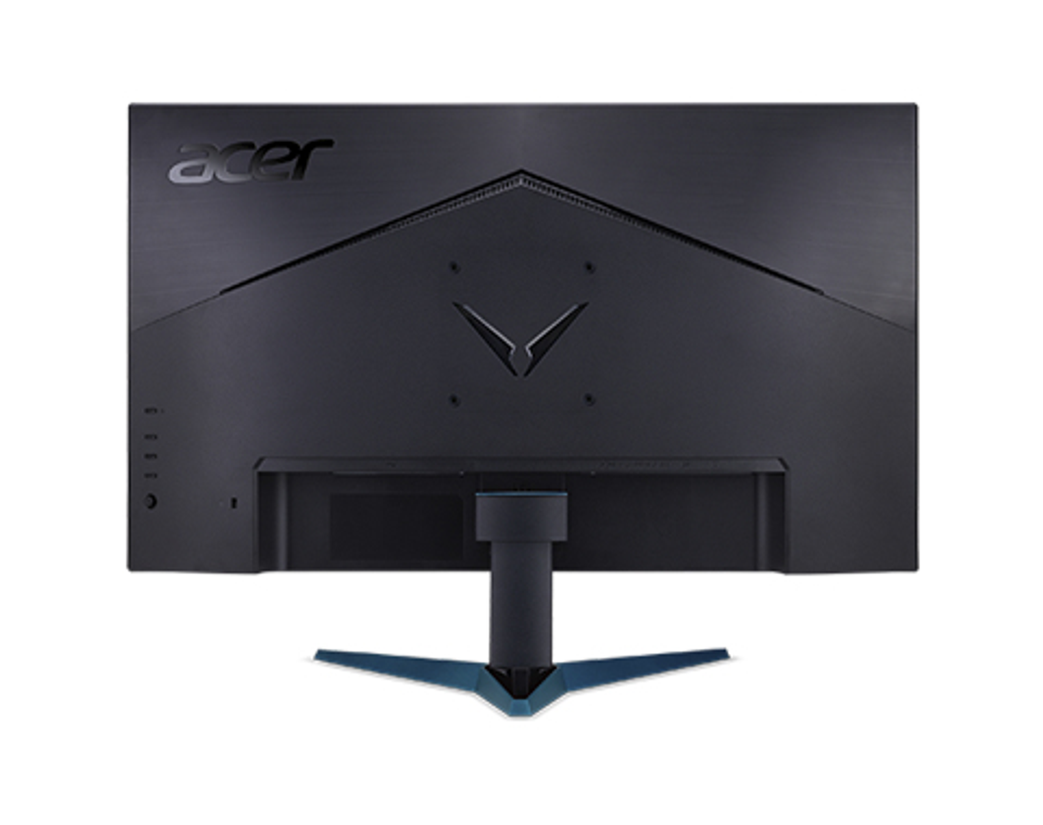 Rückansicht eines schwarzen Acer-Monitors mit V-förmigem Design und blauem Standfuß. Acer-Logo sichtbar.