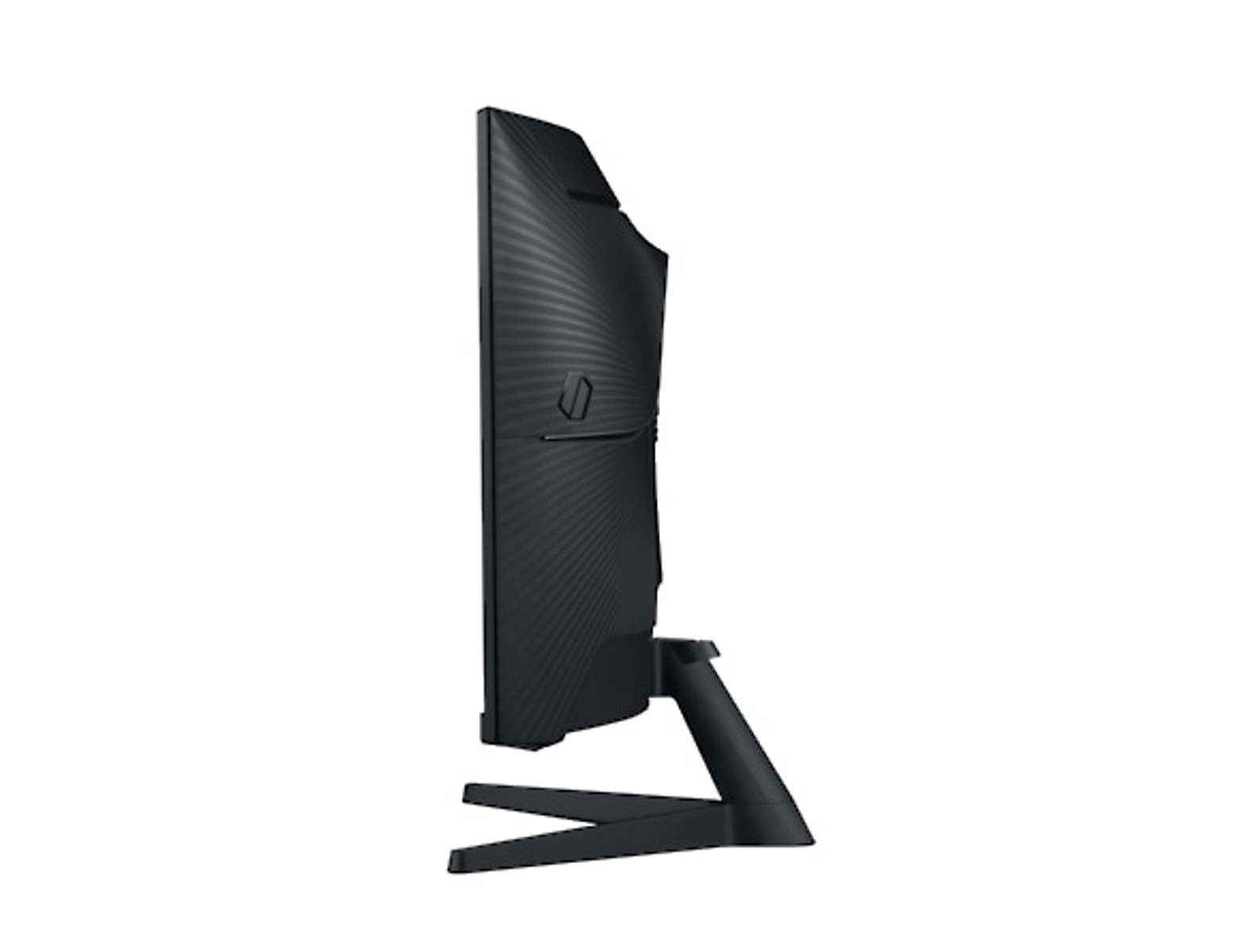 Side view of a black curved monitor on a stand, with a curved back.