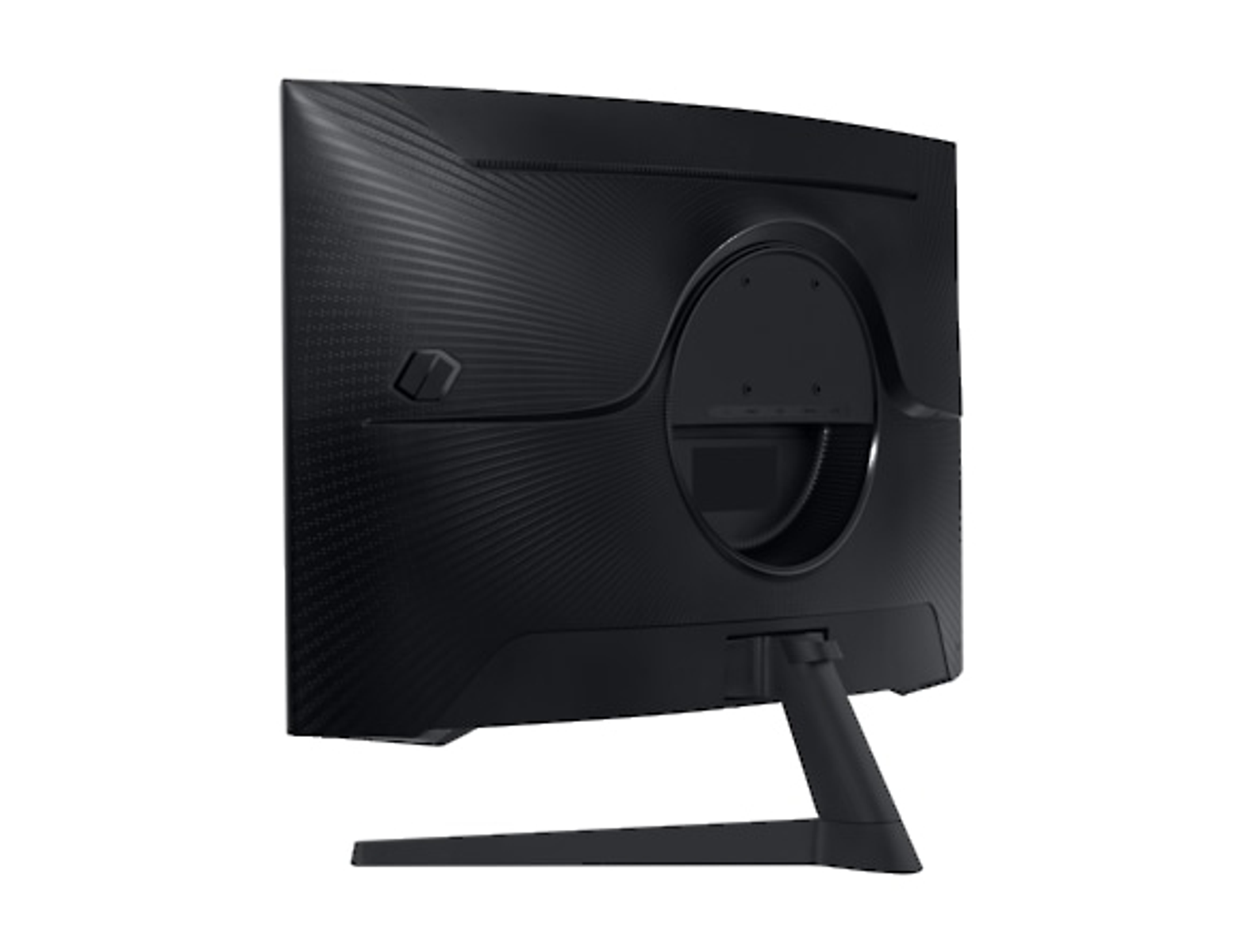 Back view of a black computer monitor with a textured pattern and a stand.
