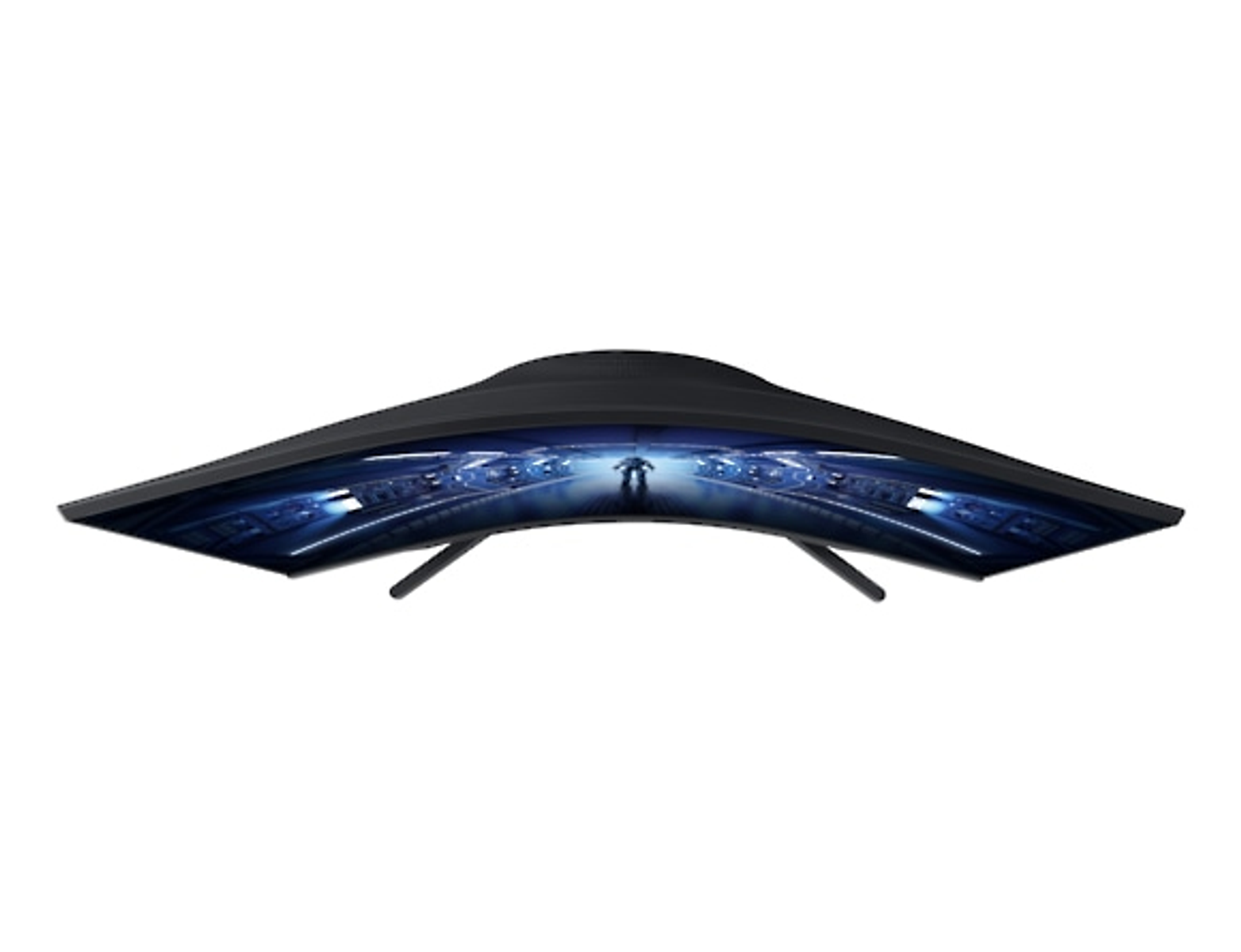 Curved monitor with a black frame and a blue lit interior, seen from a high angle.