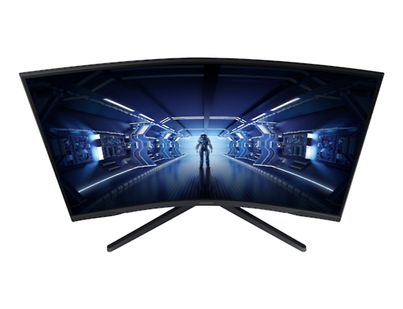 Curved monitor displaying a futuristic scene with a spaceman, black stand.
