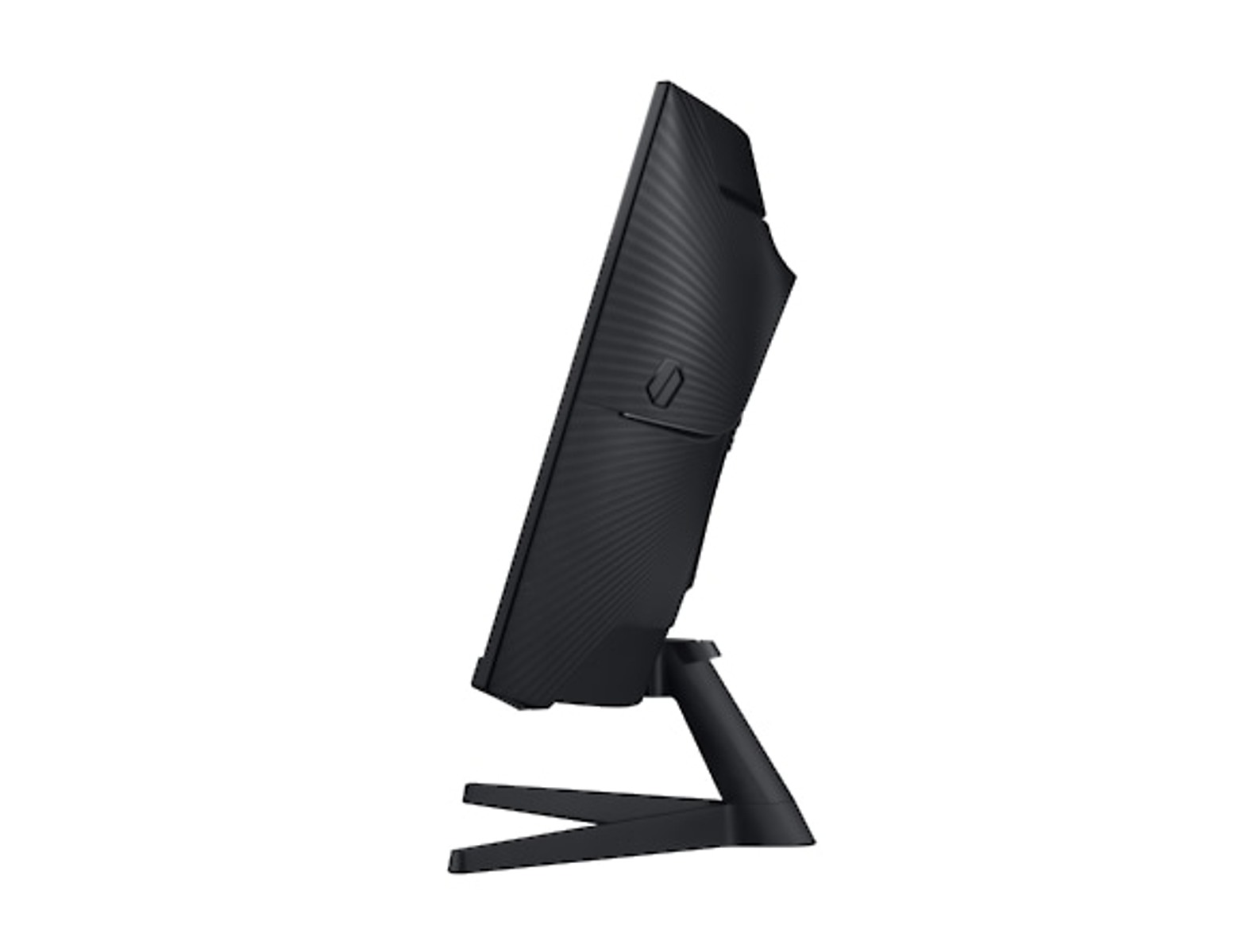 Black Samsung monitor, side view. Curved screen, stand. Black textured body.