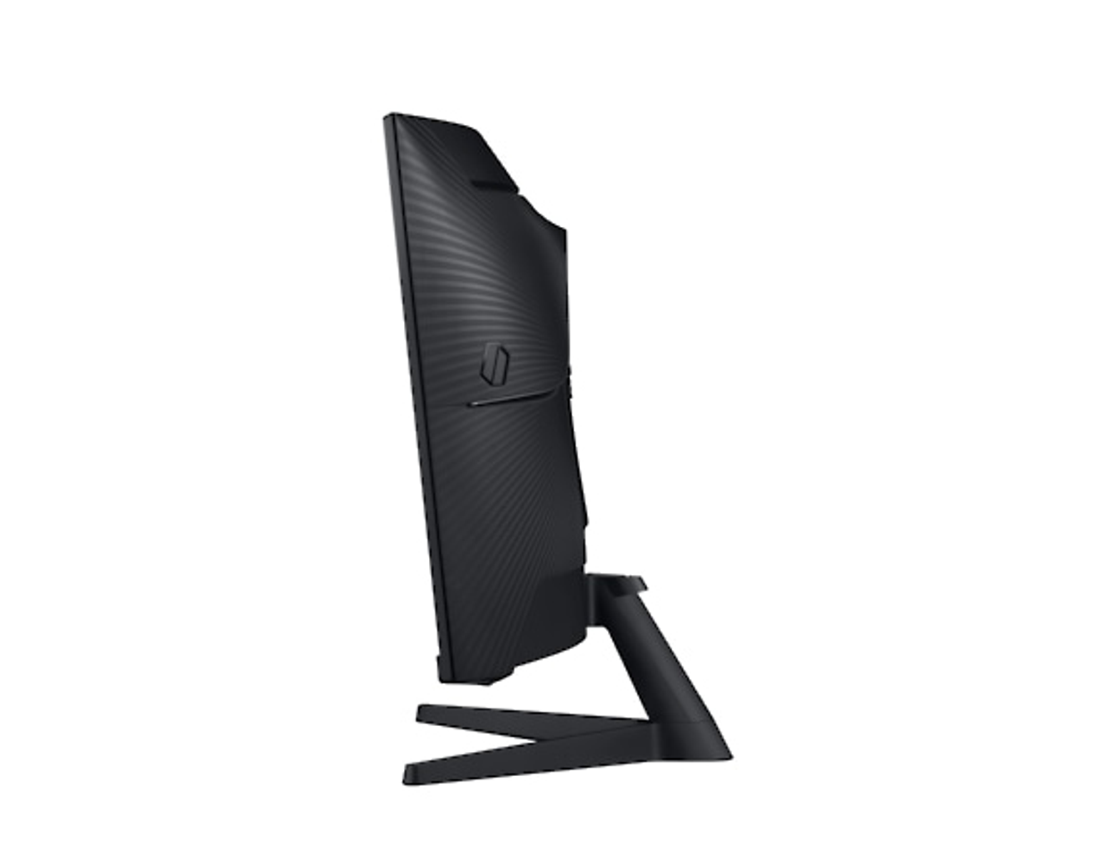 Side view of a black curved Samsung monitor. It has a sleek, modern design.