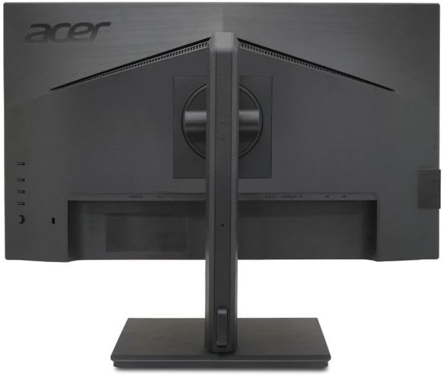 Tył czarnego monitora komputerowego, pokazujący podstawę i różne porty.