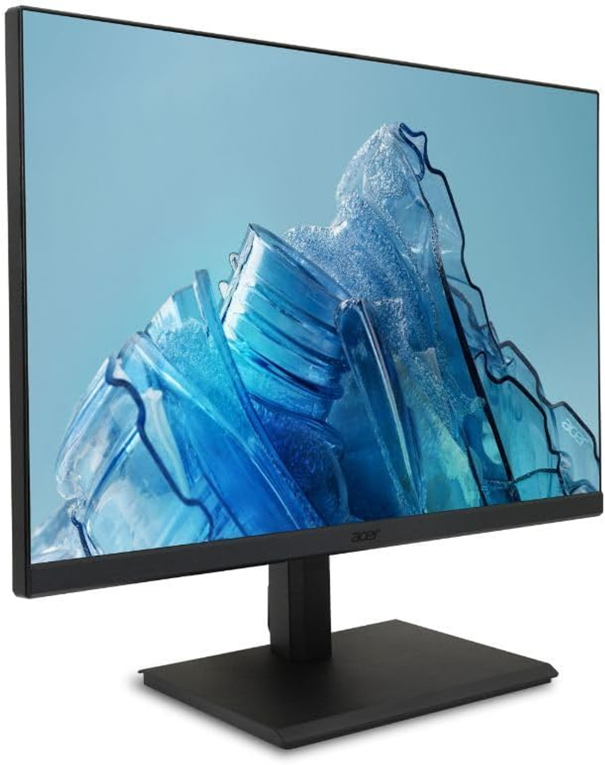 Acer-Monitor, der ein blaues, abstraktes Bild anzeigt, mit schwarzem Ständer und Sockel.