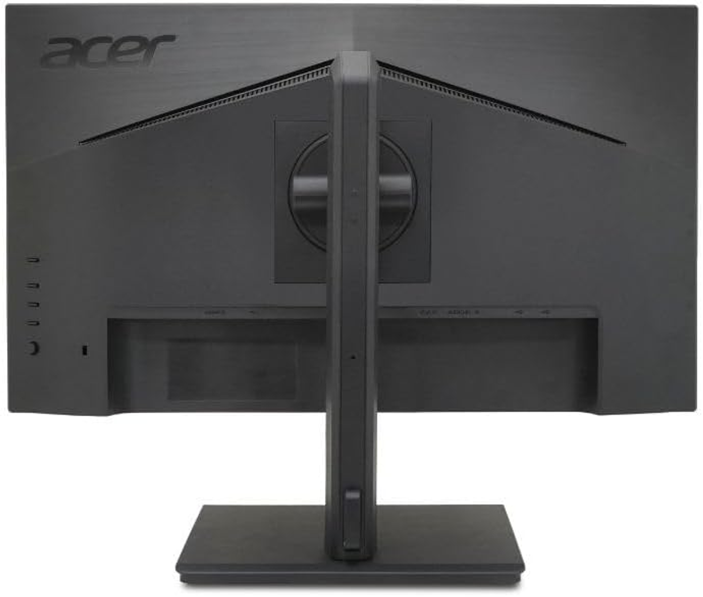 Die Rückseite eines schwarzen Computermonitors. Das 'acer'-Logo befindet sich oben. Der Ständer ist eine Mittelsäule mit Fuß.