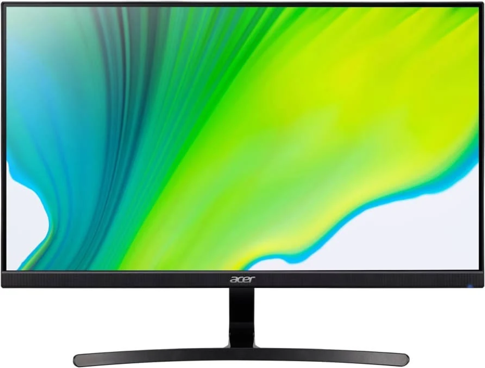 Monitor del computer con base curva che mostra uno sfondo sfumato.