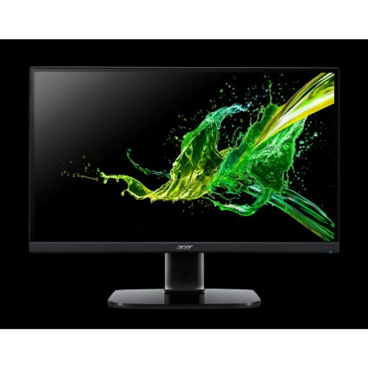Monitor Acer negro mostrando arte abstracto verde y amarillo sobre negro.