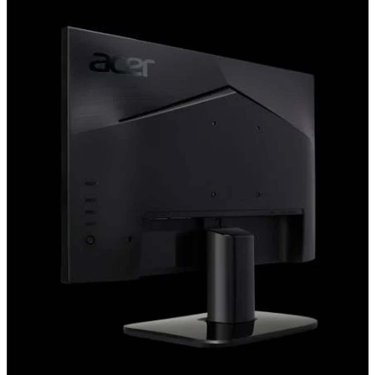 Vista trasera de un monitor Acer. Negro con el logotipo de Acer en la parte superior. Base negra.