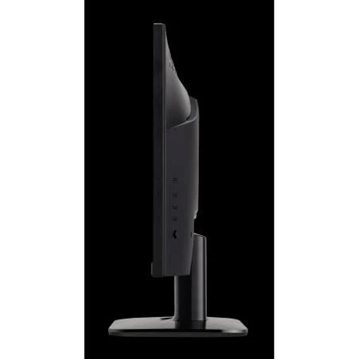 Vista lateral de un monitor negro con un soporte negro. El monitor está sobre un fondo negro.