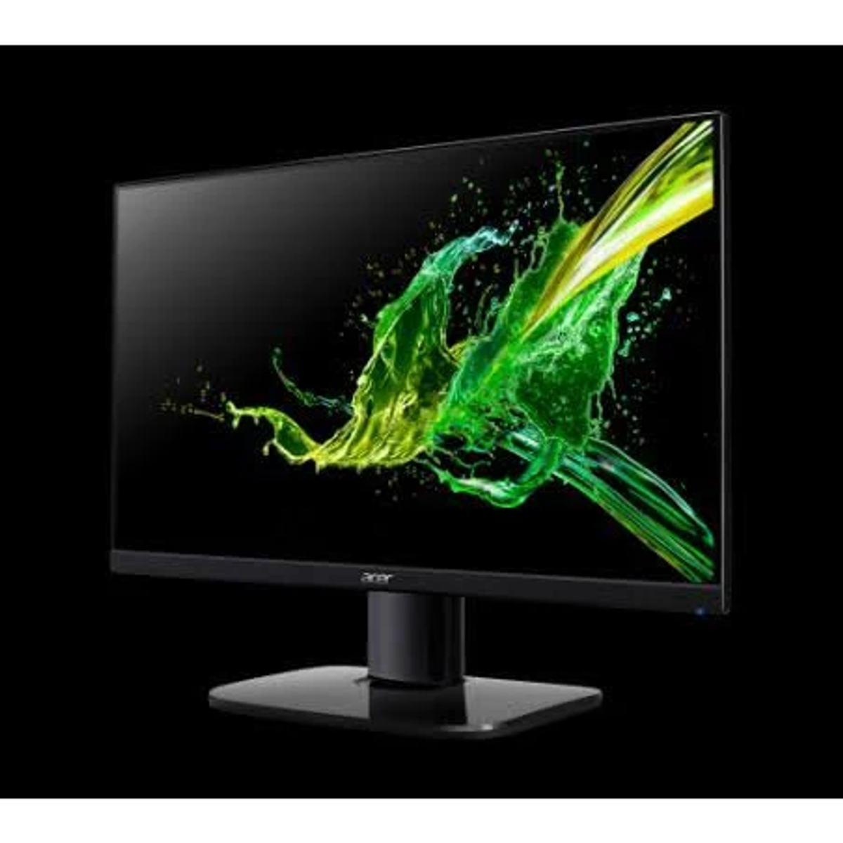 Un monitor Acer negro muestra un salpicado verde y amarillo sobre un fondo negro.