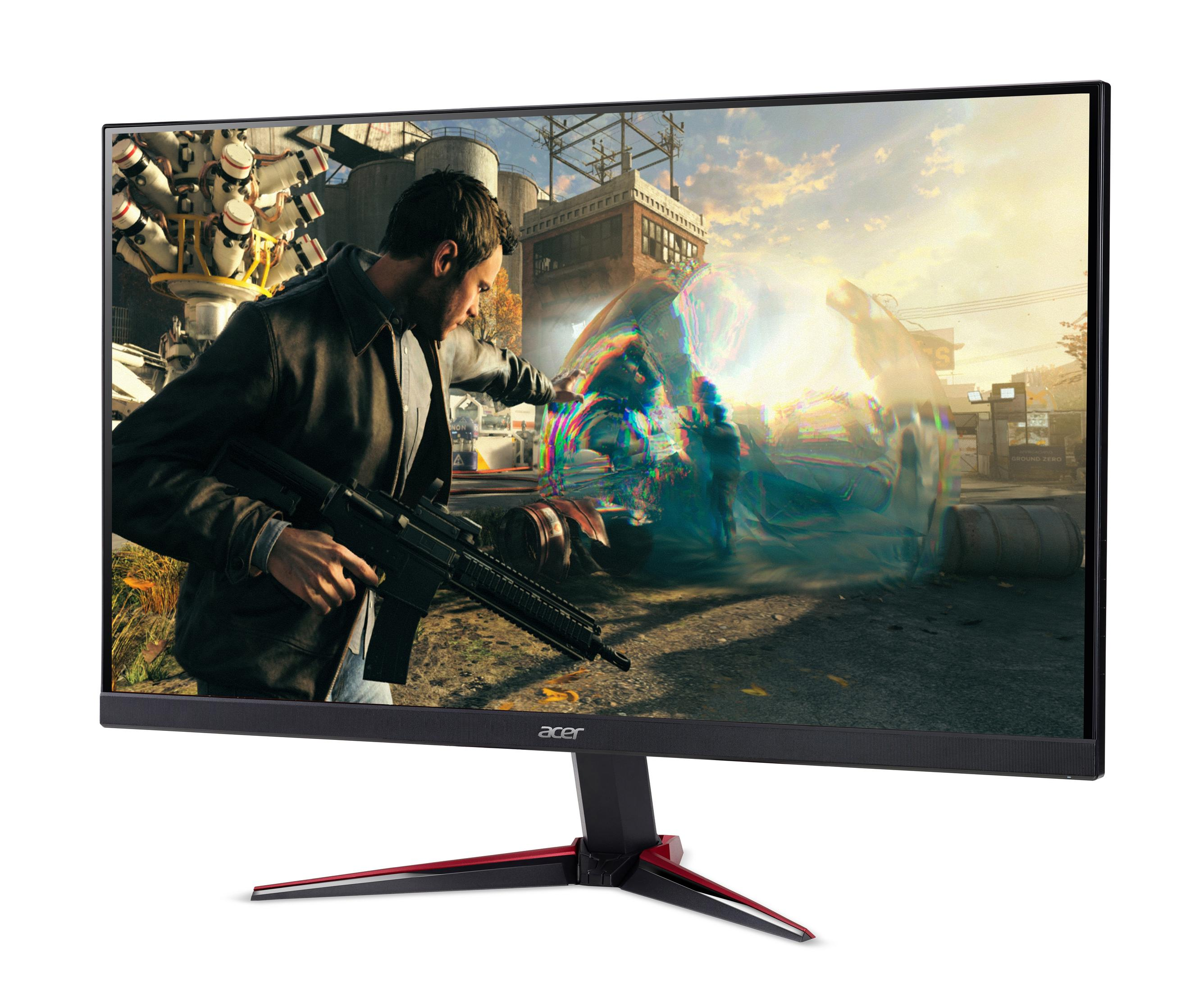 Monitor Acer con scena di uomo con arma in ambiente futuristico.