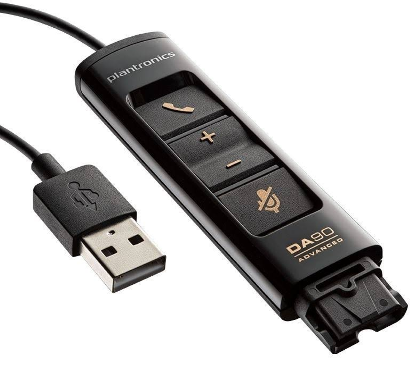Controlador USB Plantronics negro con botones, conector USB y cable, fondo blanco.