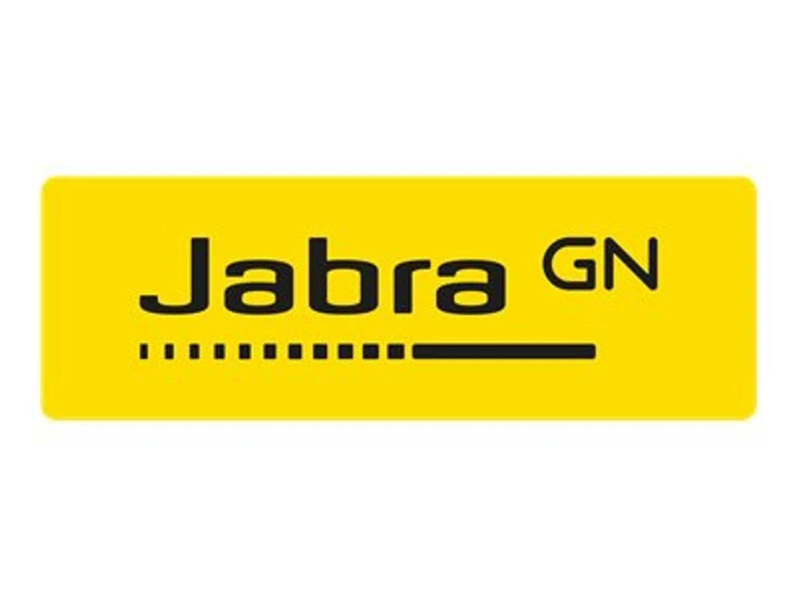 Żółty prostokąt z czarnym logo "Jabra GN" i przerywaną linią.