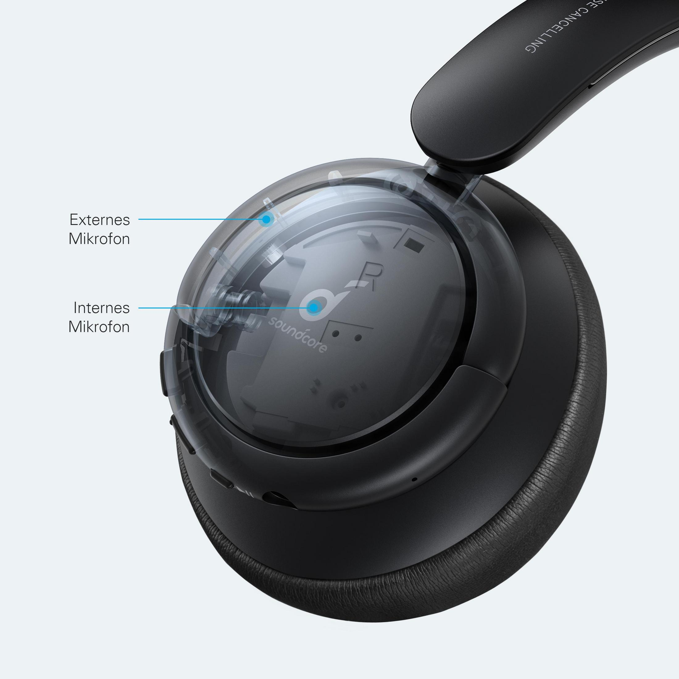 Auricular negro; muestra la colocación del micrófono interno y externo. Fondo blanco.