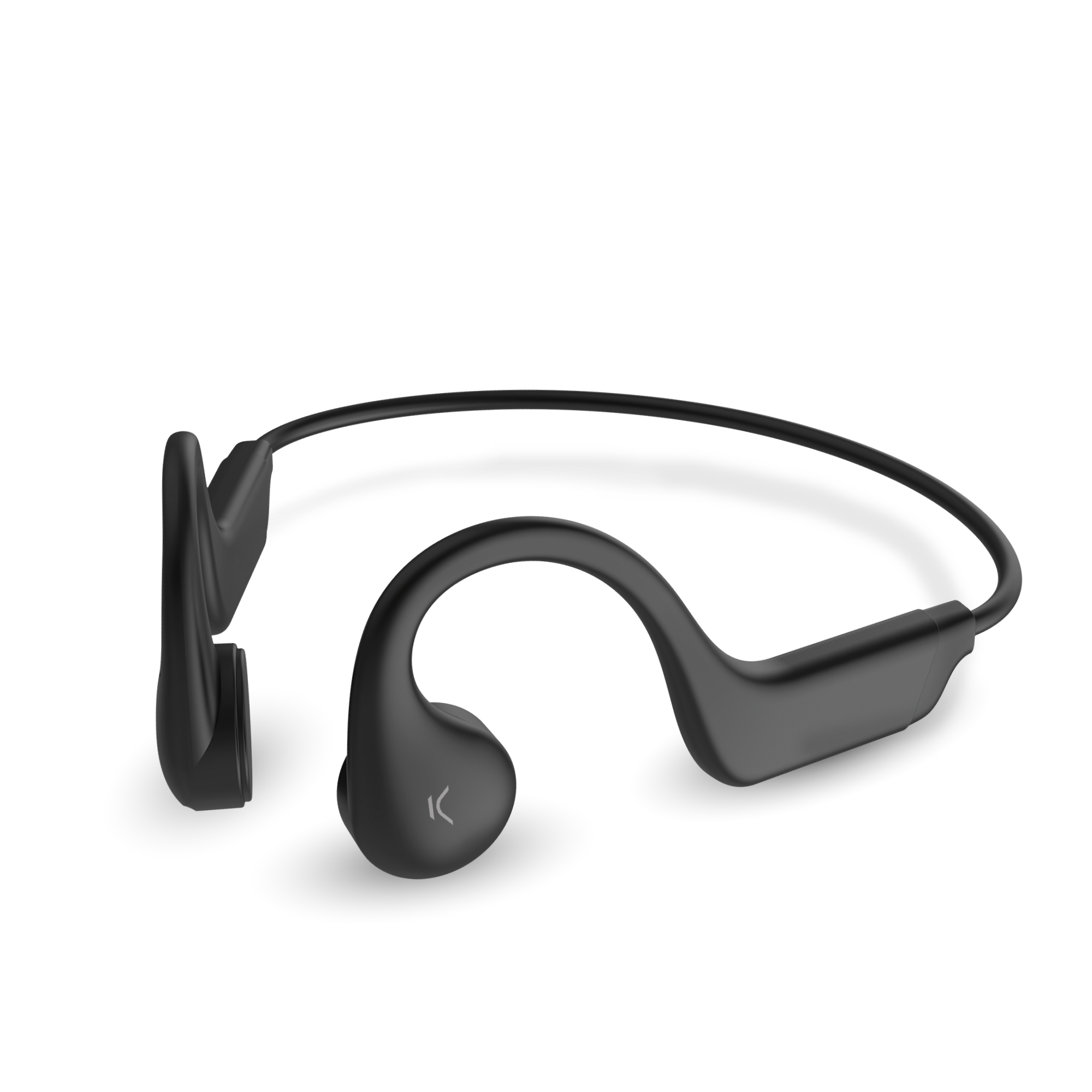 Auriculares de conducción ósea inalámbricos, negros y curvos. Los auriculares están sobre una superficie blanca.