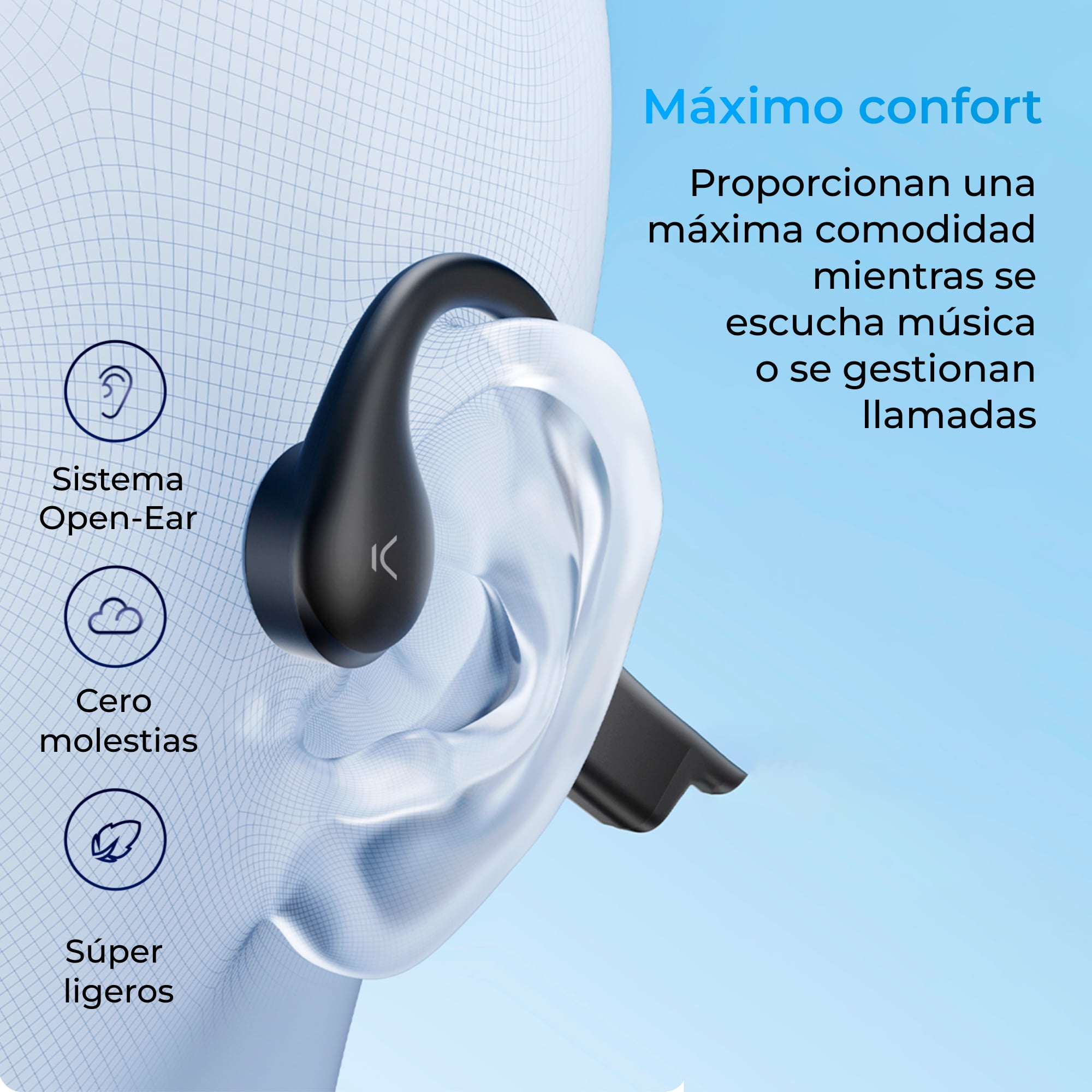 Auricular en la oreja, texto en español sobre sistema de oído abierto y comodidad.