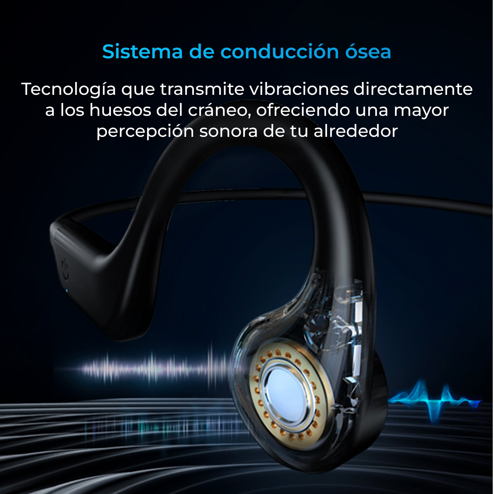 Auriculares de conducción ósea negros con altavoz dorado, gráfico de ondas sonoras azules, sobre fondo oscuro.