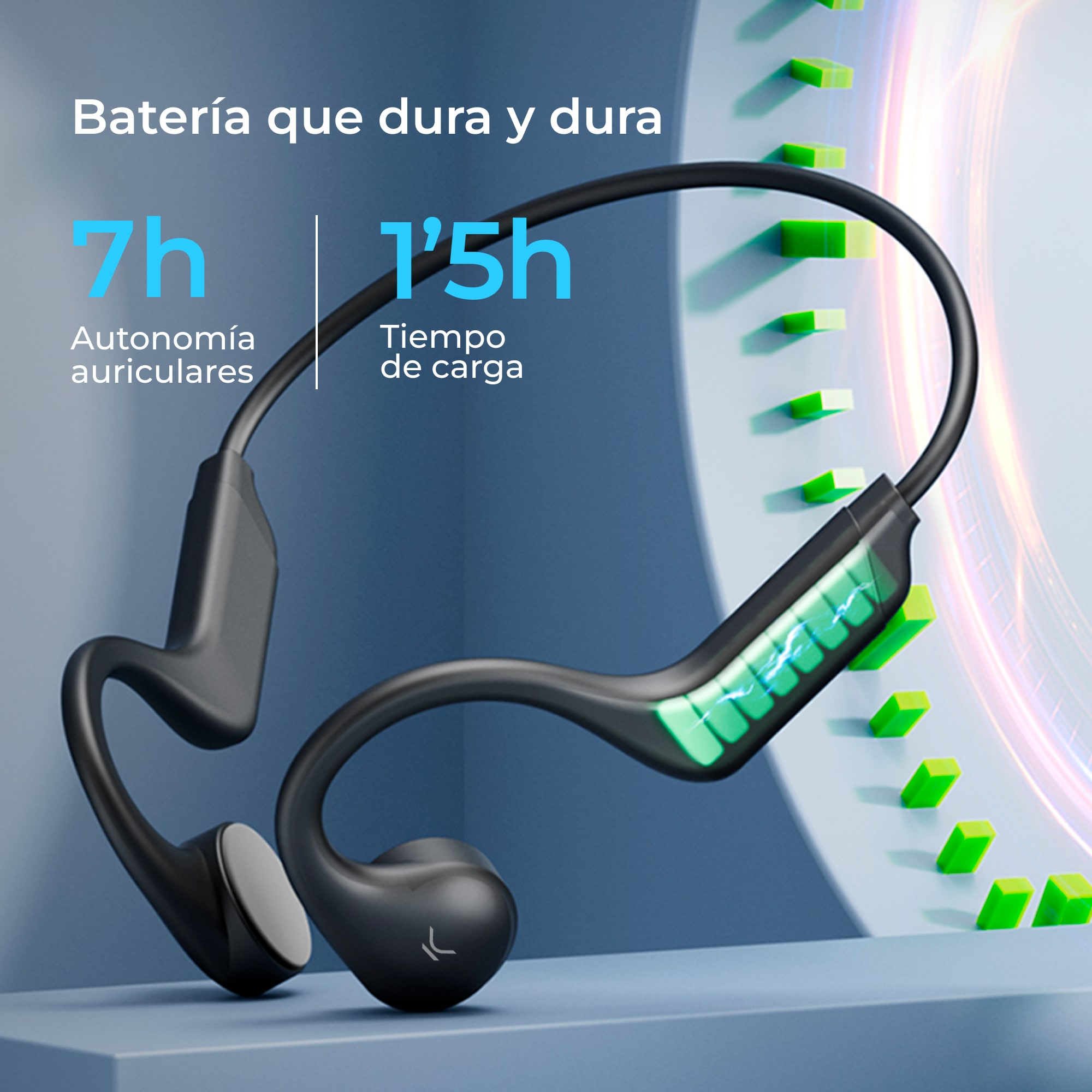 Auriculares de banda para el cuello negros con indicador de batería verde. Texto: 7h de duración, 1.5h de carga.