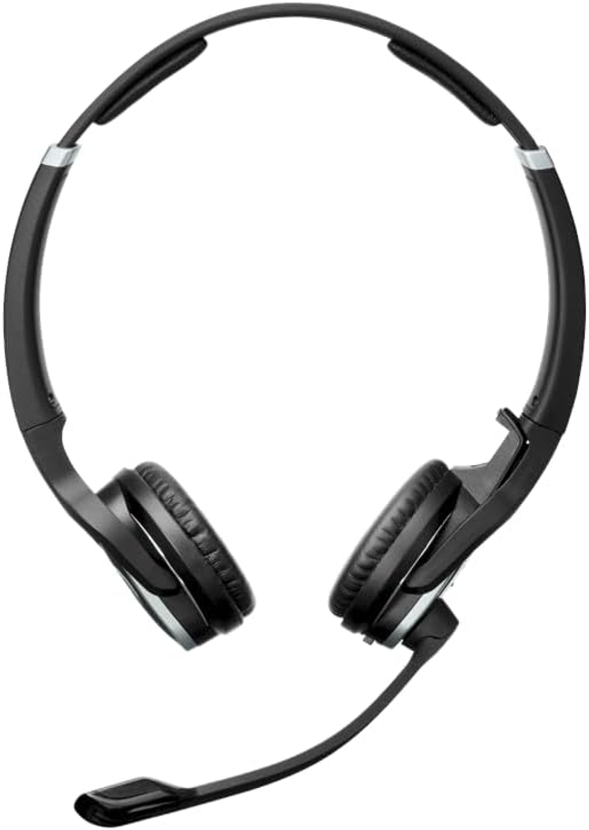 Auriculares negros con micrófono. Los auriculares tienen un diseño elegante, con un acento plateado.