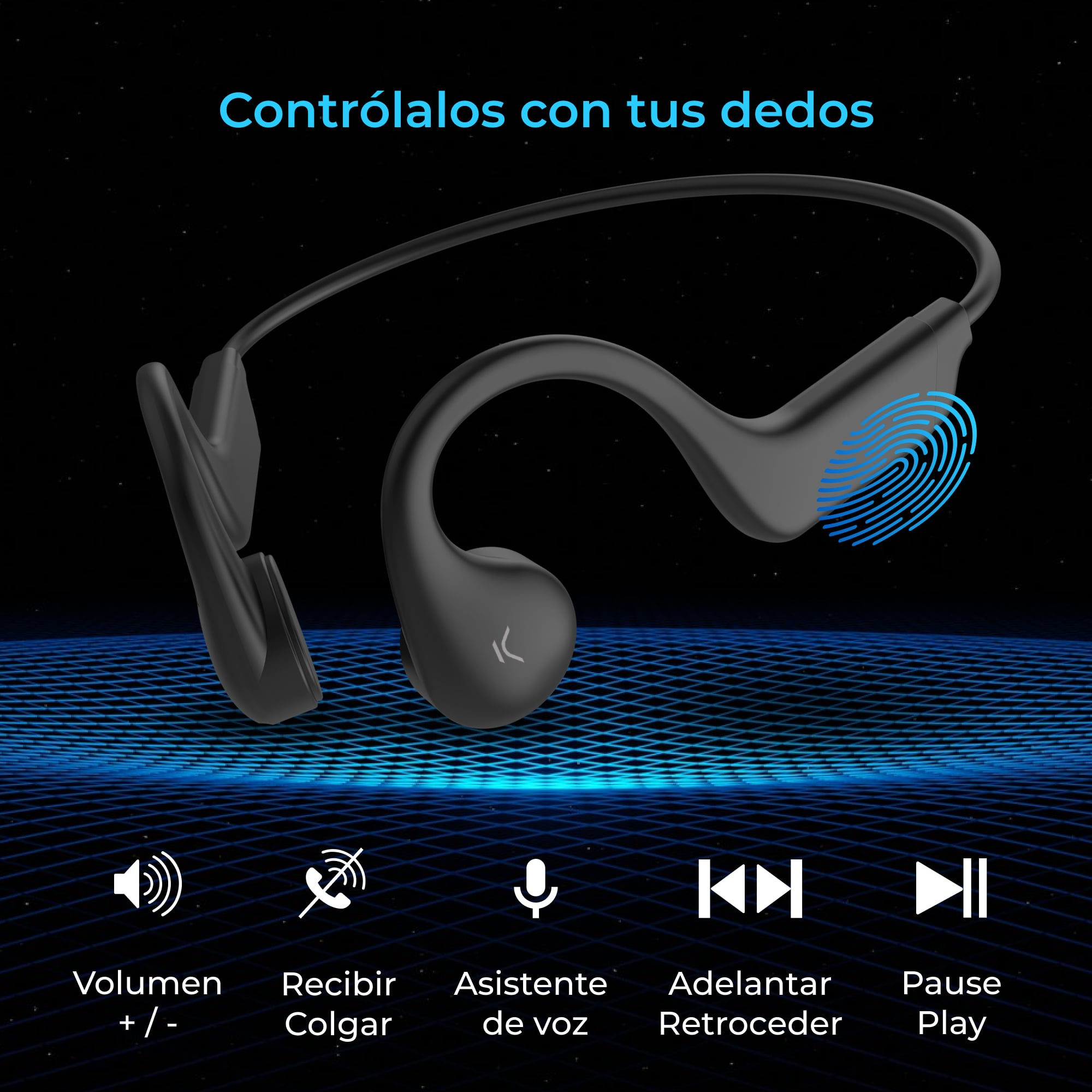 Auriculares de conducción ósea negros con iconos de control y la frase: Contróllos con tus dedos.