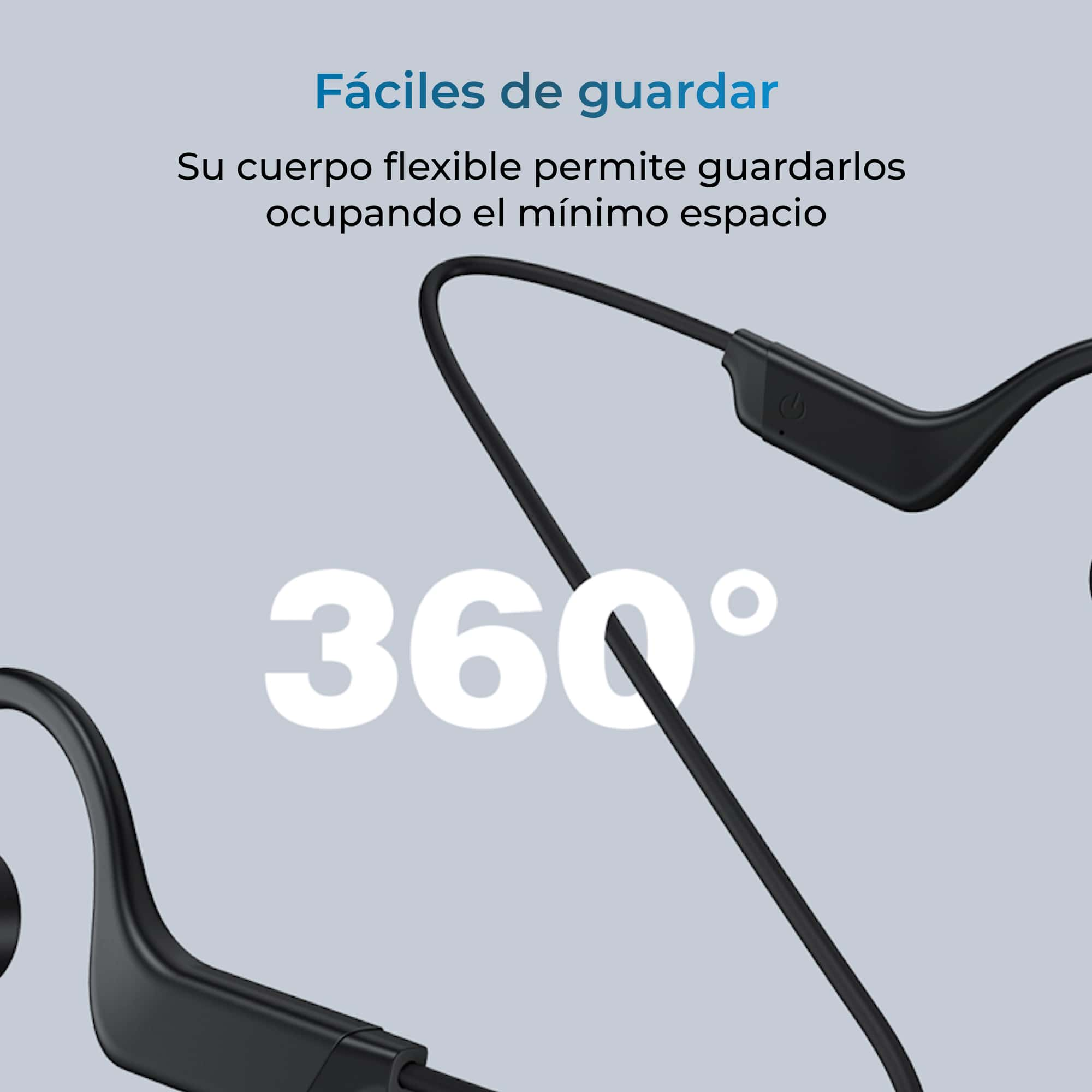 Auriculares negros, flexibles y envolventes. El texto dice: 'Fáciles de guardar, 360°' y 'ocupando el mínimo espacio'.
