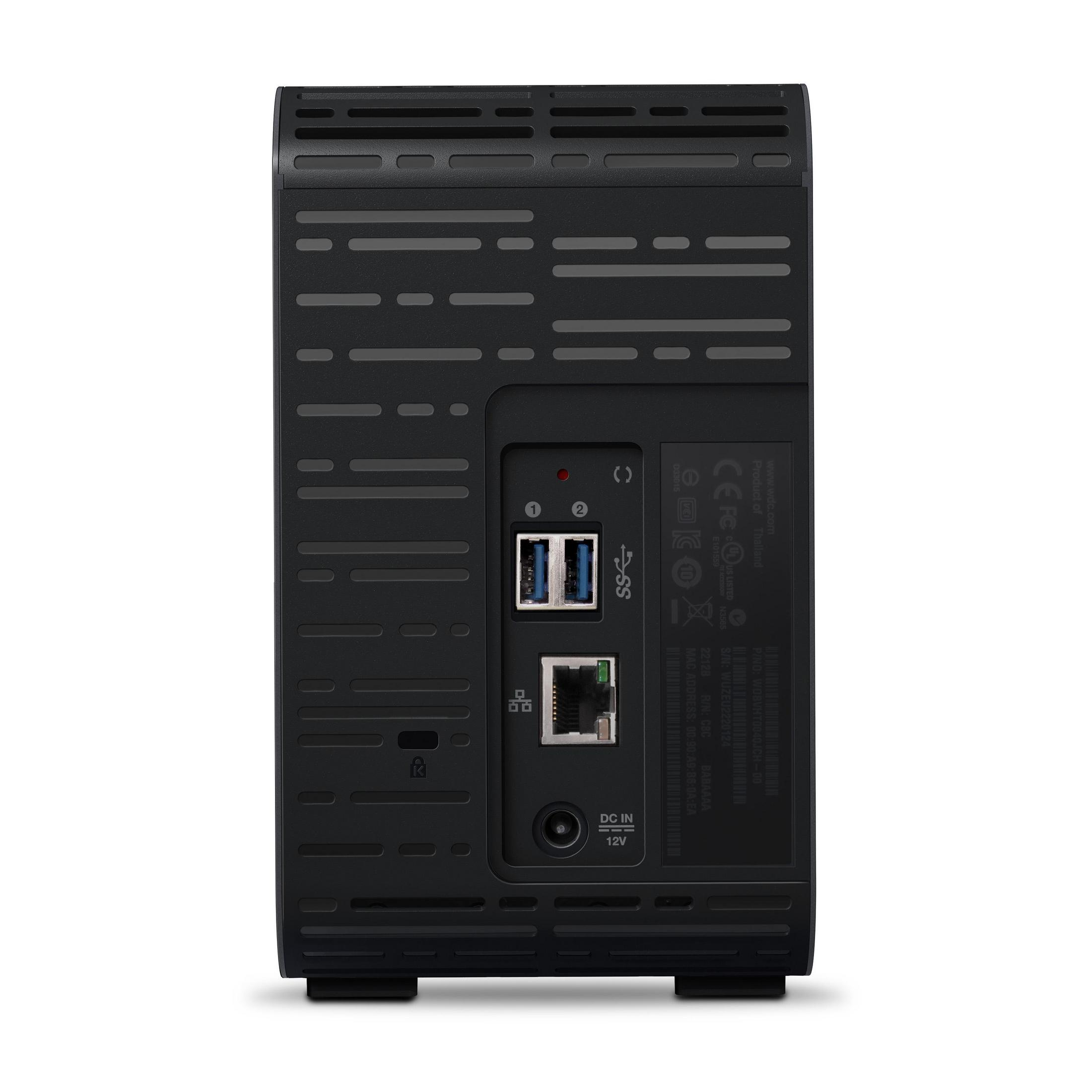 Schwarze Rückansicht des WD My Cloud EX2 Ultra. Zeigt Anschlüsse, darunter USB und Netzwerk. Gerät auf weißer Fläche.