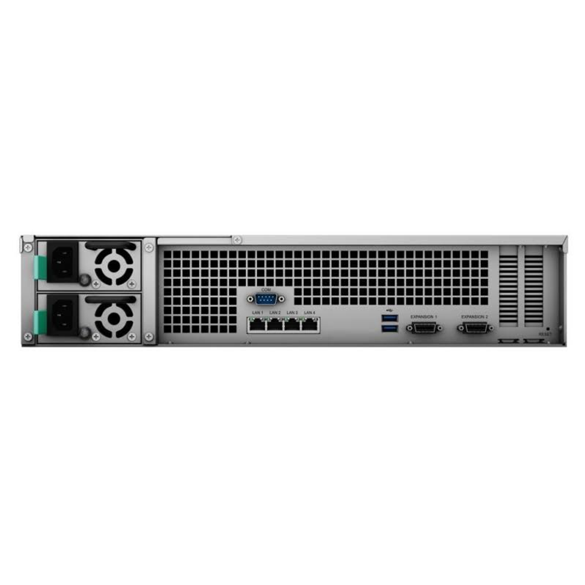 Rückansicht eines silber-schwarzen Servers. Mit LAN- und Erweiterungsanschlüssen. Gerät auf weißem Hintergrund.