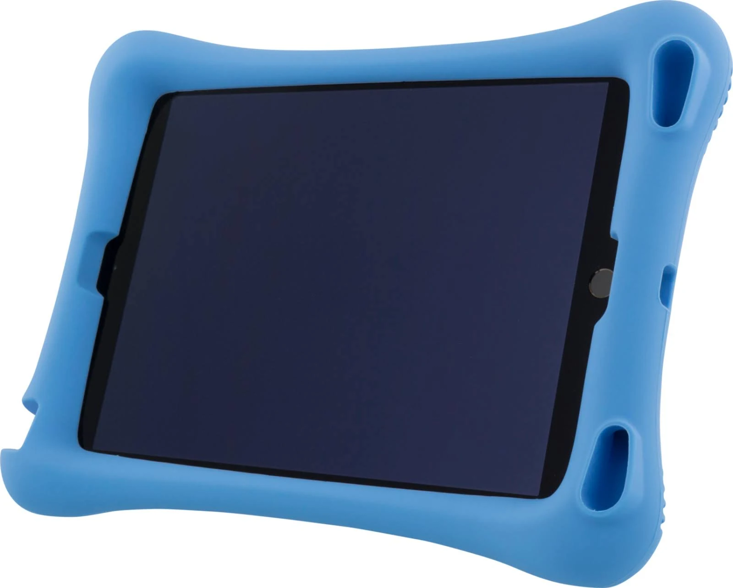 Tablet auf einem Ständer, der einen farbenfrohen Bildschirm mit App-Symbolen, Uhrzeit und Suchleiste zeigt.