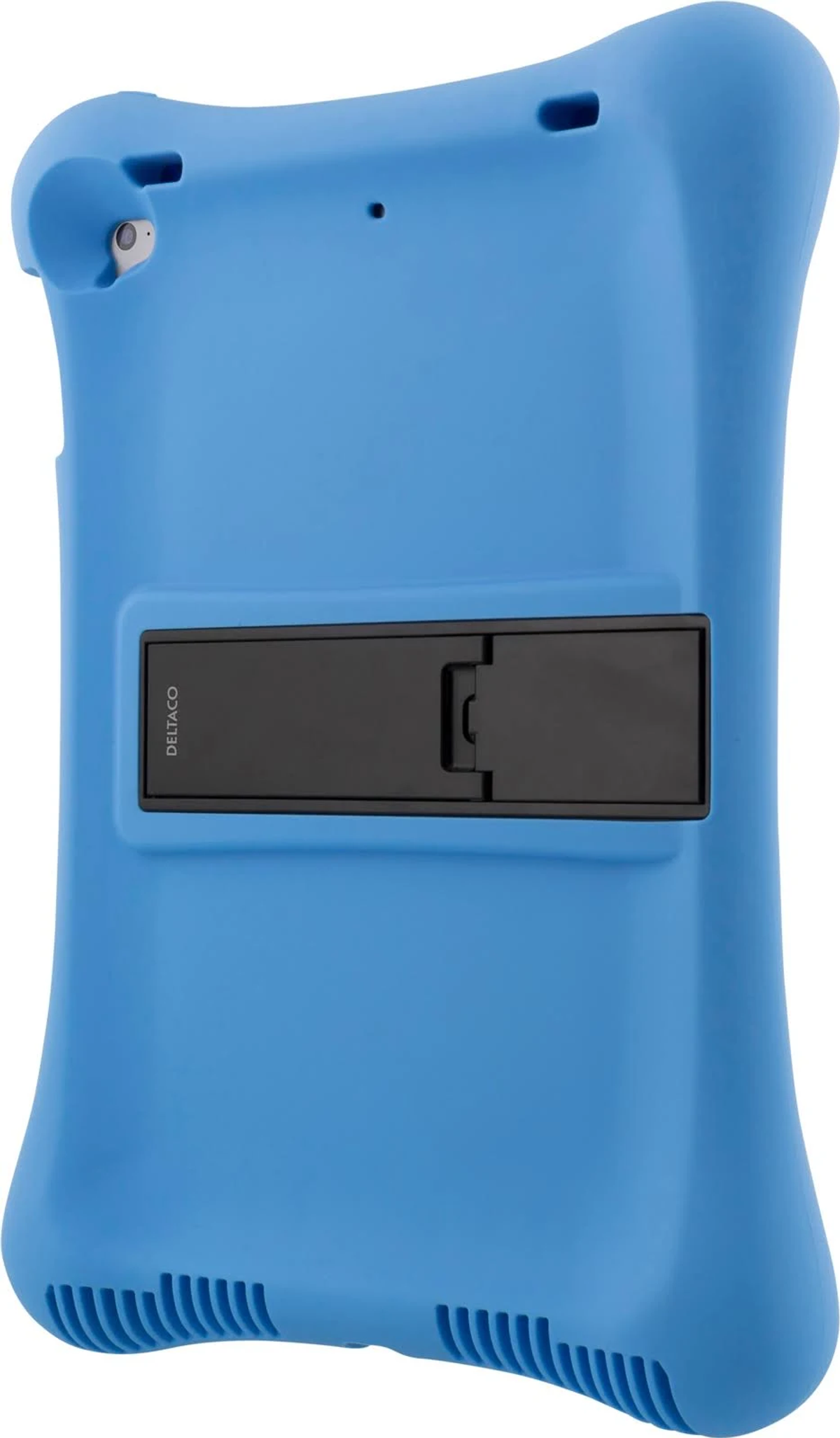 Eine blaue Schutzhülle für ein Tablet, mit einem Ständer.