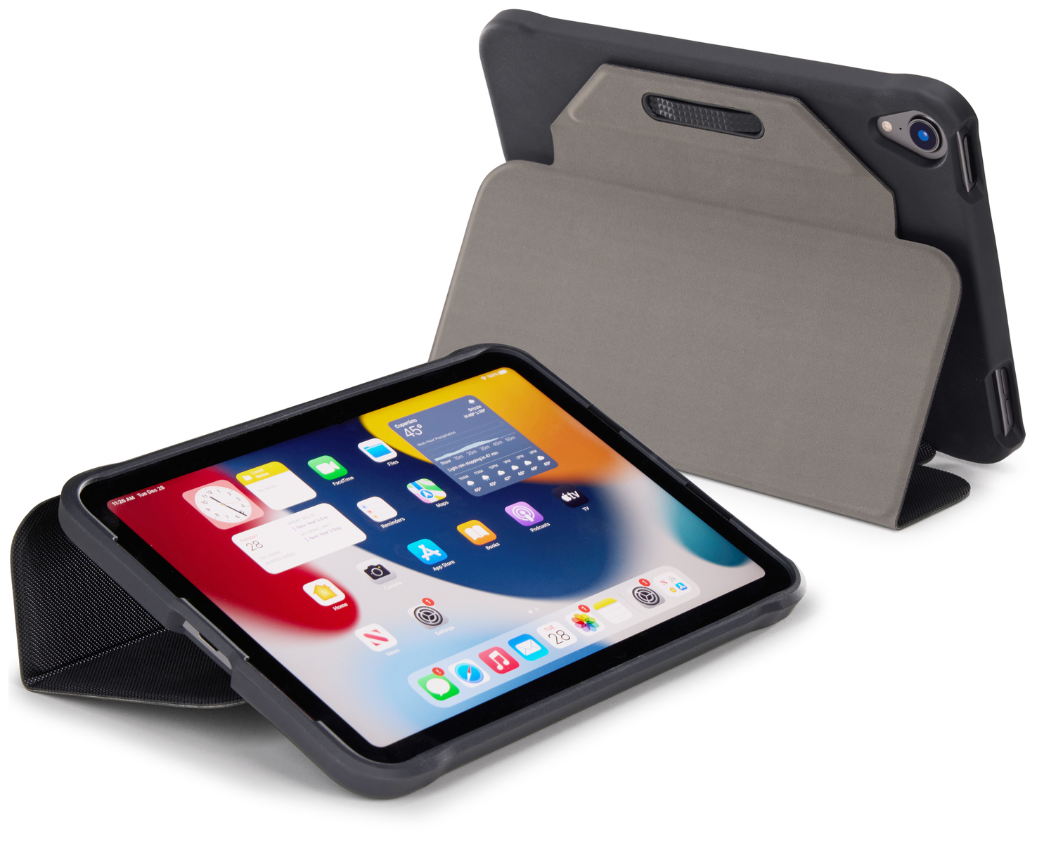 Zwei Tablets in Hüllen. Eines ist geöffnet und zeigt den Startbildschirm. Das andere ist geschlossen.
